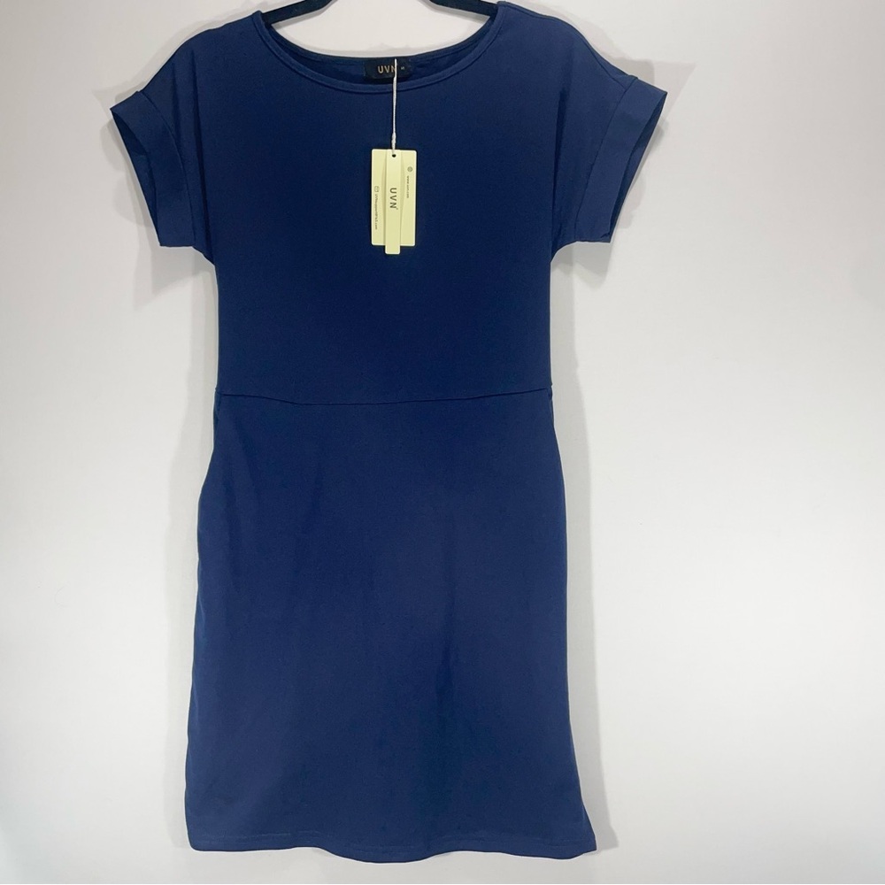 Women's Navy Blue Short Sleeve Dress with Pockets Tie Back Size Small NWT